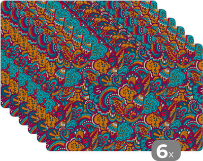 Placemat - Placemats kunststof - Hippie - Flora - Abstract - Patroon - 45x30 cm - 6 stuks - Hittebestendig - Anti-Slip - Onderlegger - Afneembaar
