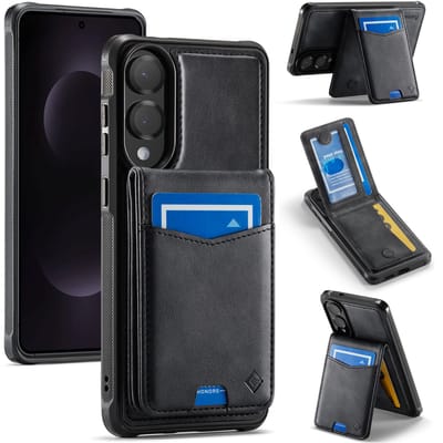 Casemania Hoesje Geschikt voor Samsung Galaxy S25 Edge - Charcoal Gray - Back Cover met Afneembare Magnetische Pasjeshouder met Standaard - Telefoonhoesje en Kaarthouder