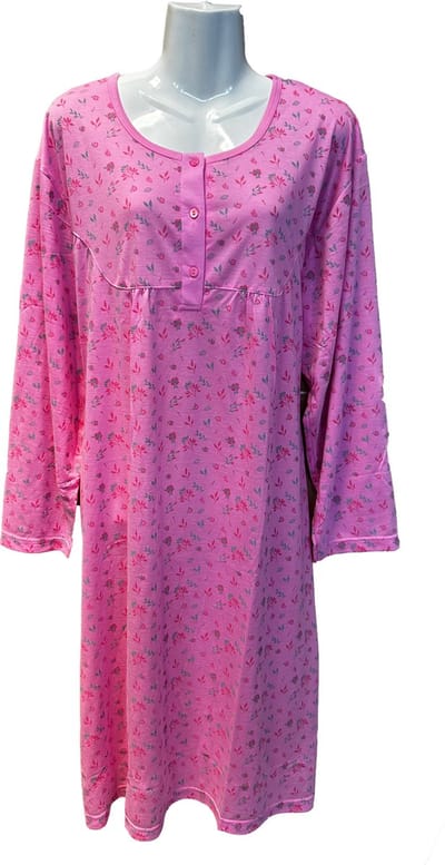 Gebloemde Nachtjapon Dames lange mouwen - Kleur Roze - Maat M