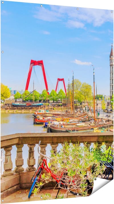 Gards Tuinposter Kleurrijke Oude Haven in Rotterdam - 120x180 cm - Tuindoek - Tuindecoratie - Wanddecoratie buiten - Tuinschilderij