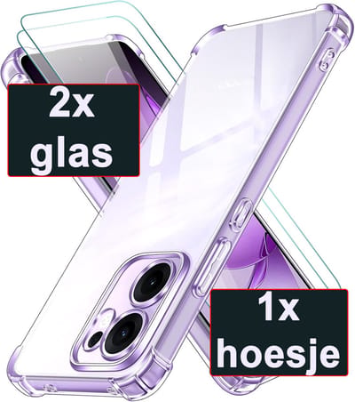 Casemania Hoesje & Glas Geschikt voor Oppo Reno 13 F - Transparant & 2x Glazen Screenprotector - Anti Shock Hybrid Back Cover