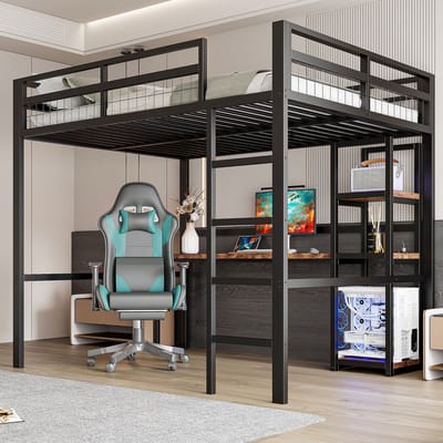 MODFU Hoogslaper 140x200 cm – Met bureau, stopcontact, USB en Type-C – Zwart – Van metaal en MDF