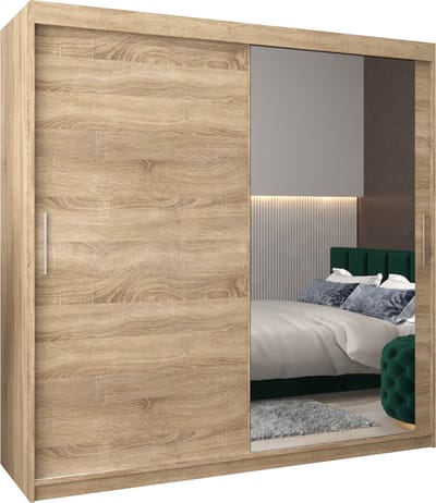 InspireMe - Kledingkast met 2 schuifdeuren, Modern-stijl, Kledingkast met planken (BxHxD): 200x200x62 - TORM II 200 Sonoma Eik