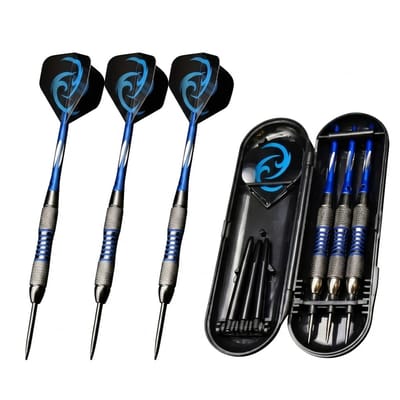 Blauw zwarte dartpijlen set 22g met metalen barrel en aluminium schacht – darts voor heren en dames – dartpijlen met blauwe flights, geribbelde grip en draagbaar dart etui – dartset met 6 darts en accessoires voor dartspel