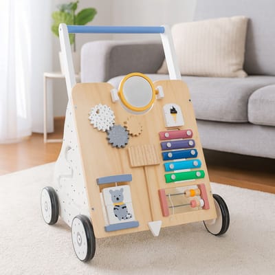 Maxx kidz - Loopwagen Hout - 'Baby Walker' - Activiteiten Duwwagen - Leren Lopen - Veel Speelopties - Wit / Hout