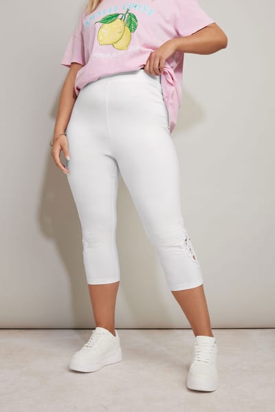 Yours Cropped Legging Van Katoenmix Met Kanten Inzet In Wit Size 50