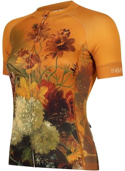 Ingeklikt Golden Hour - Geel fietsshirt dames korte mouw - bloemenprint - maat L (38-40)