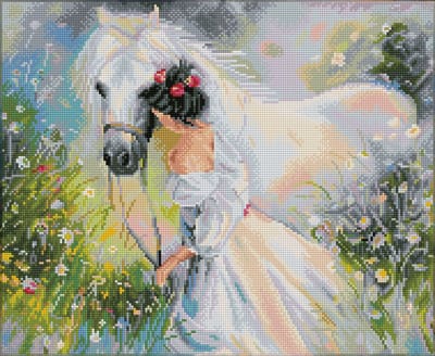 DQ10.002 Diamond Dotz® - Hobby Pakket - Diamond painting volwassenen - Paard en meisje in veld 41 x 50cm - Vierkante steentjes - Diamond painting pakket volledig