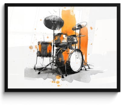 Poster in lijst - Fotolijst 80x60 cm - Posters - Drumstel - Oranje - Zwart - Aquarelverf - Posterlijst zwart - Decoratie - Wanddecoratie woonkamer - Muurdecoratie slaapkamer