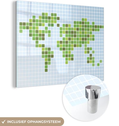 ® Glasschilderij 80x60 cm - Schilderij acrylglas - Moderne wereldkaart met vakjes - Foto op glas - Muurdecoratie woonkamer - Wanddecoratie slaapkamer - Schilderijen