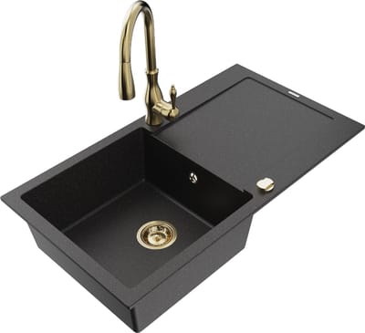 Mexen Leo granieten gootsteen met 1 bak en afdruiprek en Savita keukenkraan, zwart/zilver metallic - 6501-73-672601-50
