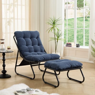 Wishdor Patio loungestoel met ottomaan - Sling ontwerp - Comfortabele relaxfunctie - Modern - Woonkamer en buiten - Staal - Marineblauw - 65 x 78 x 86 cm
