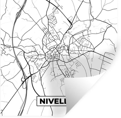 Muurstickers - Sticker Folie - Zwart Wit – België – Plattegrond – Stadskaart – Kaart – Nivelles - 100x100 cm - Plakfolie - Muurstickers Kinderkamer - Zelfklevend Behang XXL - Zelfklevend behangpapier - Stickerfolie