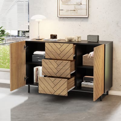 REDOM - Dressoir Met 3 Laden En 2 Deuren - Modern - Voor Woonkamer - Spaanplaat - Natuurlijke Houtkleur En Zwart - 120 X 40 X 76 Cm