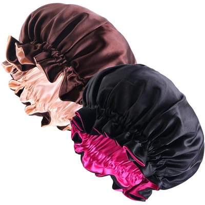 2 stuks Satijnen Slaapmuts Elastisch Dubbellaags Zijden Slaap Hoofdbedekking Voor Vrouwen Verstelbare Gevoerde Haarwikkel Voor Lang Krullend Haar One Size black