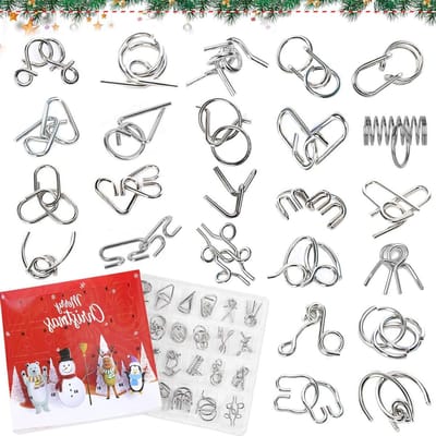 Adventskalender Puzzels - Kerst Puzzel Kalender - Dagelijkse Hersenkrakers - 24 Metalen Puzzel Spelletjes