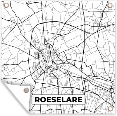 Tuin poster Stadskaart – Zwart Wit - Kaart – Roeselare – België – Plattegrond - 200x200 cm - Tuindoek