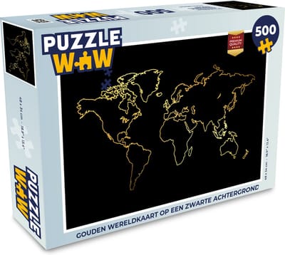 Puzzel Gouden wereldkaart op een zwarte achtergrond - Legpuzzel - Puzzel 500 stukjes