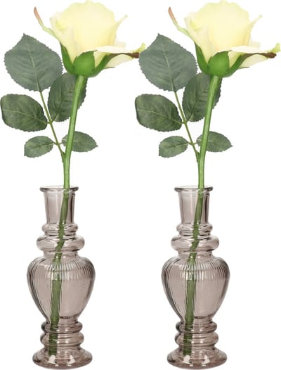 Ideas 4 Seasons Bloemenvaas Venice - 2x - voor kleine stelen/boeketten - gekleurd sierglas - ribbel grijs smoke - D5.7 x H15 cm