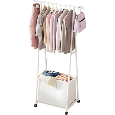 Kledingrek met grote opbergtas Verwijderbare kledingorganizer Stand op wielen 2-in-1 Vrijstaand wit