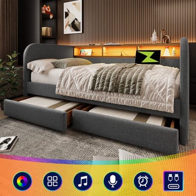 Gestoffeerde slaapbank 140x190 cm, slaapbank met LED-verlichting en USB-C-oplaadfunctie, slaapbank met 2 lades en opbergruimte in het hoofdeinde, linnen, grijs (zonder matras)