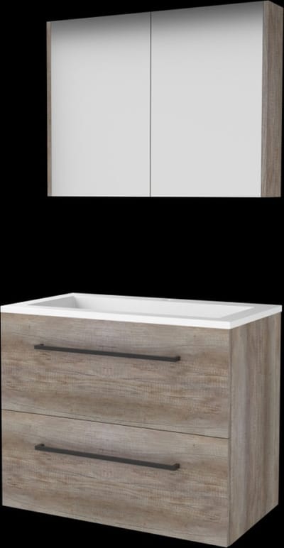 Basic Comfort 46 badmeubelset met spiegelkast, wastafelonderkast met grepen, 2 lades en acryl wastafel met 1 kraangat 80 x 46 cm, scotch oak