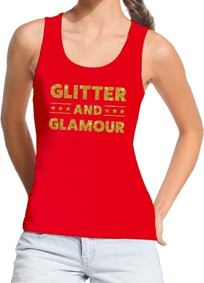 Glitter and Glamour glitter tekst tanktop / mouwloos shirt rood dames - dames singlet Glitter and Glamour S
