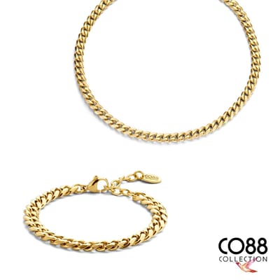CO88 Collections 8CO-SET096 - Stalen Sieradenset - Ketting met Armband - Gourmet - 7 mm Breed - 40+7 cm Ketting - 19 cm Armband - Goudkleurig