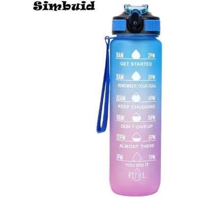 1 Liter Grote Capaciteit Sport Waterfles met Tijdregistratie Rietje Lekvrij Vergrendelende Klapdeksel voor Buiten Fitness 900-1000ML blue