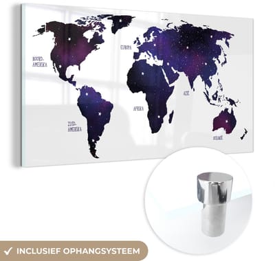 ® Glasschilderij 120x60 cm - Schilderij acrylglas - Wereldkaart - Sterrenhemel - Paars - Foto op glas - Muurdecoratie woonkamer - Wanddecoratie slaapkamer - Schilderijen