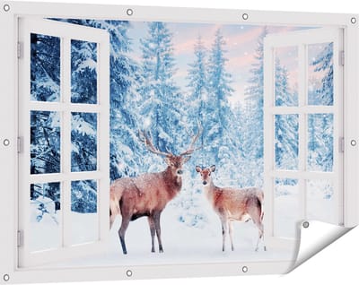 Gards Tuinposter Doorkijk Twee Herten in het Bos met Sneeuw - 120x80 cm - Tuindoek - Tuindecoratie - Wanddecoratie buiten - Tuinschilderij