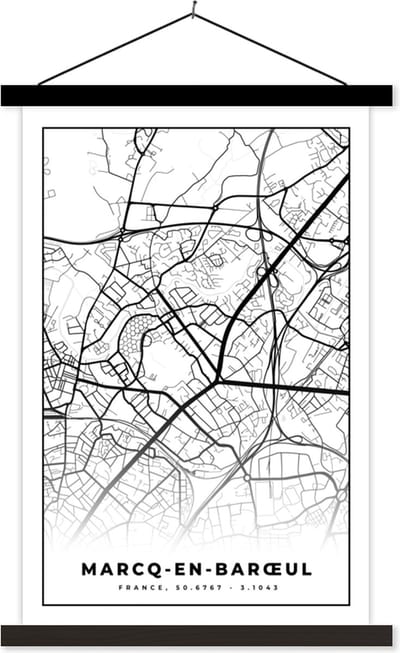 Posterhanger incl. Poster 40x60 cm - Schoolplaat - Kaart – Stadskaart – Marcq-en-Barœul - Frankrijk – Plattegrond - Zwart wit - Textielposter - Zwarte latten - Stadskaart