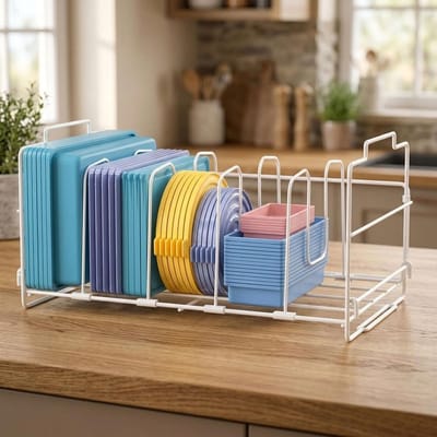 Verstelbare dekselhouder voor keuken, metalen dekselorganizer met 4 vakken, ruimtebesparende opbergoplossing voor kast en lade, wit