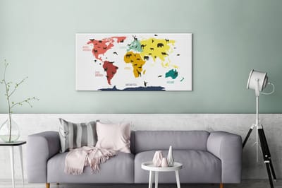 Wereldkaart voor kinderen Dieren Beesten canvas | Wereldkaart Canvas Schilderij 100x50 cm
