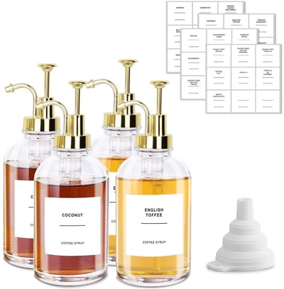 Dailygoods- Siroopdispenser set van 4 - Glazen Siroopdispenser 500 ml - Gouden Pompfles - Siliconen Trechter - Waterdichte Etiketten - Voedselveilig kunststof en roestvrij staal - Siroopfles