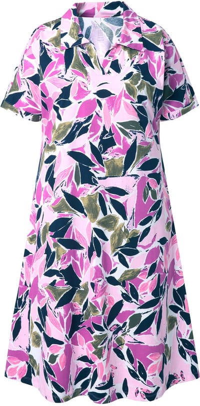 Ulla Popken - Dames - Midi-jurk bloemen A-lijn overhemdkraag korte mouwen - Olijfgrijs - Maat 58+