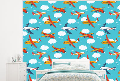 Behang - Fotobehang Patronen - Vliegtuig - Wolk - Lucht - Jongen - Kindje - Kinderen - Kids - Breedte 300 cm x hoogte 240 cm
