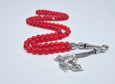 Handgemaakte tesbih "Tasbih" natuursteen "Rode kwarts" - Aantal kralen 99 - Diameter kralen 8MM - met metaal tassel "Harten" - Een mooi cadeau-idee