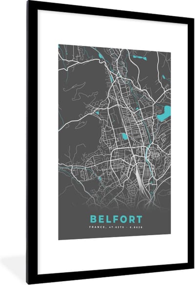 Fotolijst incl. Poster - Belfort - Frankrijk - Kaart - Stadskaart - Plattegrond - 60x90 cm - Posterlijst