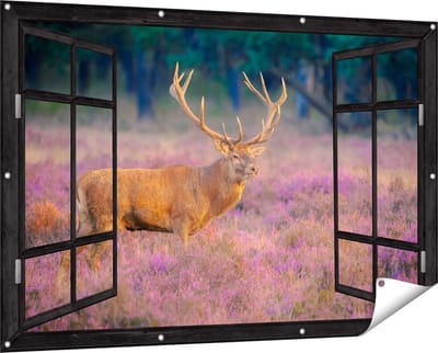 Gards Tuinposter Doorkijk Hert in de Weide tijdens Zonsondergang - 150x100 cm - Tuindoek - Tuindecoratie - Wanddecoratie buiten - Tuinschilderij