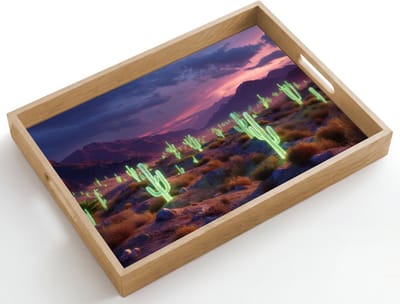 Dienblad hout 50x35 cm - Schootdienblad - Neon cactussen - Woestijn - Zonsondergang - Borrelplank rechthoek - Plateau dienbladen