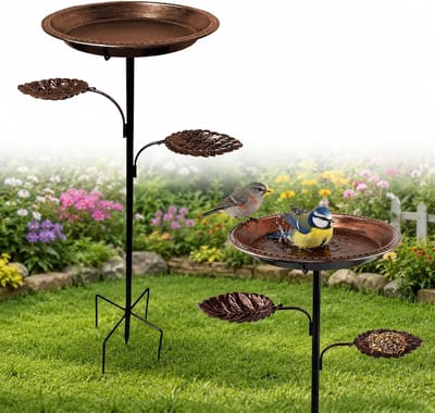 vogeltafel voor de tuin, Spike 2-in-1 staand vogelvoederstation en vogelbad, vogelvoederpaal met 2 zaadschalen, gazonvoederstandaard voor wilde vogels, decoratieve tuin-vogeltafel (roodkoper)