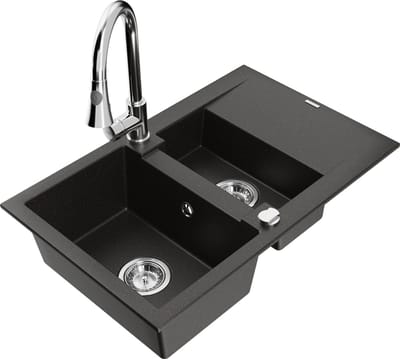 Mexen Gaspar granieten spoelbak 1,5-komers met druiprek en keukenmengkraan Elia, zwart/goud metallic - 6507-75-670101-00