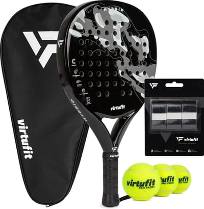 VirtuFit Hybrid Padel Set - Zwart / Grijs - Incl. Tas, 3 Ballen & Overgrips