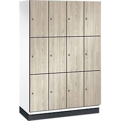 C+P Cambio lockerkast, 4 vakken, 12 vakken, met plint, B 1200 x D 525 x H 1980 mm, verkeerswit / essenhout decor