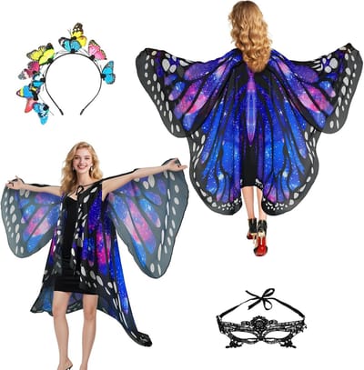 Vrouwelijk Carnaval Kostuum met Vlinder Cape en Vleugels - 3-delige Accessoireset met Gezichtsmasker en Haarband voor Feestelijke Gelegenheden