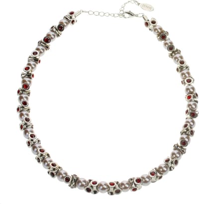 Behave - Klassiek parelcollier met steentjes - 41 cm + 5 cm verlengketting - Rood