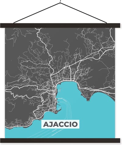 Posterhanger incl. Poster 60x60 cm - Schoolplaat - Ajaccio - Frankrijk - Stadskaart - Kaart - Plattegrond - Corsica - Textielposter - Zwarte latten - Stadskaart