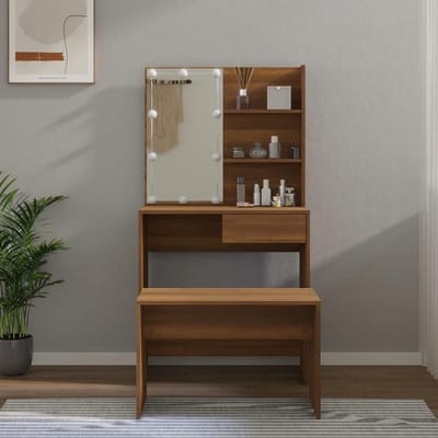 Kaptafel met Kruk - Make-up Tafel Set - Slaapkamer Decoratie - Geïntegreerde LED Spiegel - 74x40x141 cm - Bruin Eiken