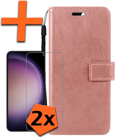 Hoes - Met 2x Screenprotector - Geschikt voor Samsung Galaxy S23 - Luxe Pasjeshouder - Bookcase Portemonee - Flip Case - Kunstleer Book Case - Flipcase Hoes - Book Cover - Walletcase - PortemonneeHoes - Rosé goud